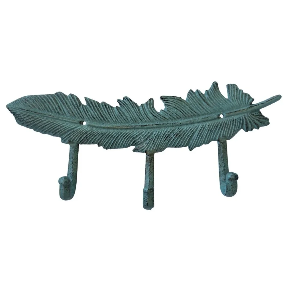 Vintage Cast Iron Feather Wall Hook Rack 3 Hooks Verdigris Green Rustic Decor K3